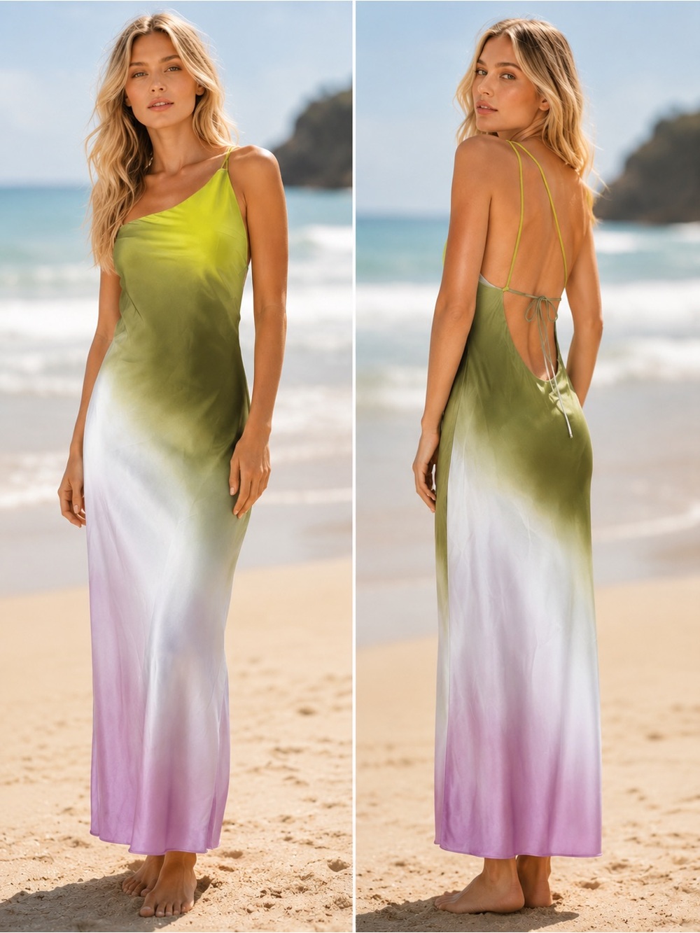 Zara Women’s M Tie-Dye Ombré Pink Green Satin Asymmetric Marnie Midi Dress